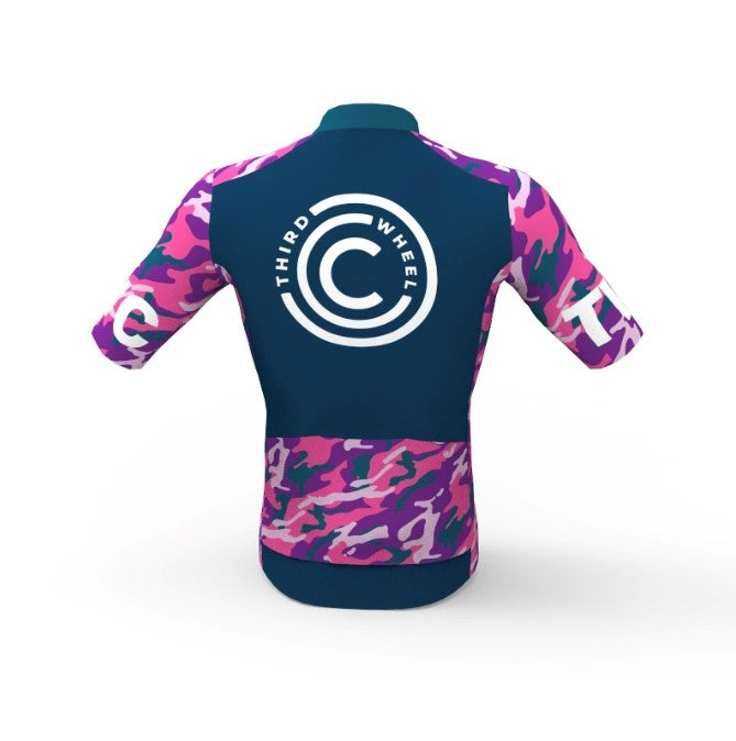 Camo style bike jersey, cycling shirt with camo print, unqiue camouflage  designs, colorful camo style jersey, cool pink, hot pink jersey, bright be  seen bike jersey